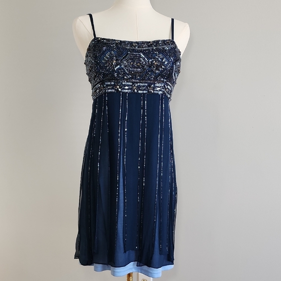 Adrianna Papell Midnight Blue Beaded Mini Dress - Picture 1 of 9